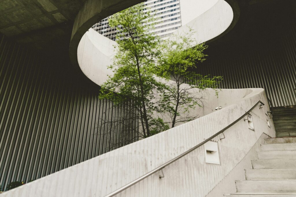 Escalier en béton entourant des arbres dans un espace architectural conçu pour favoriser la biodiversité et le bien-être en milieu urbain.