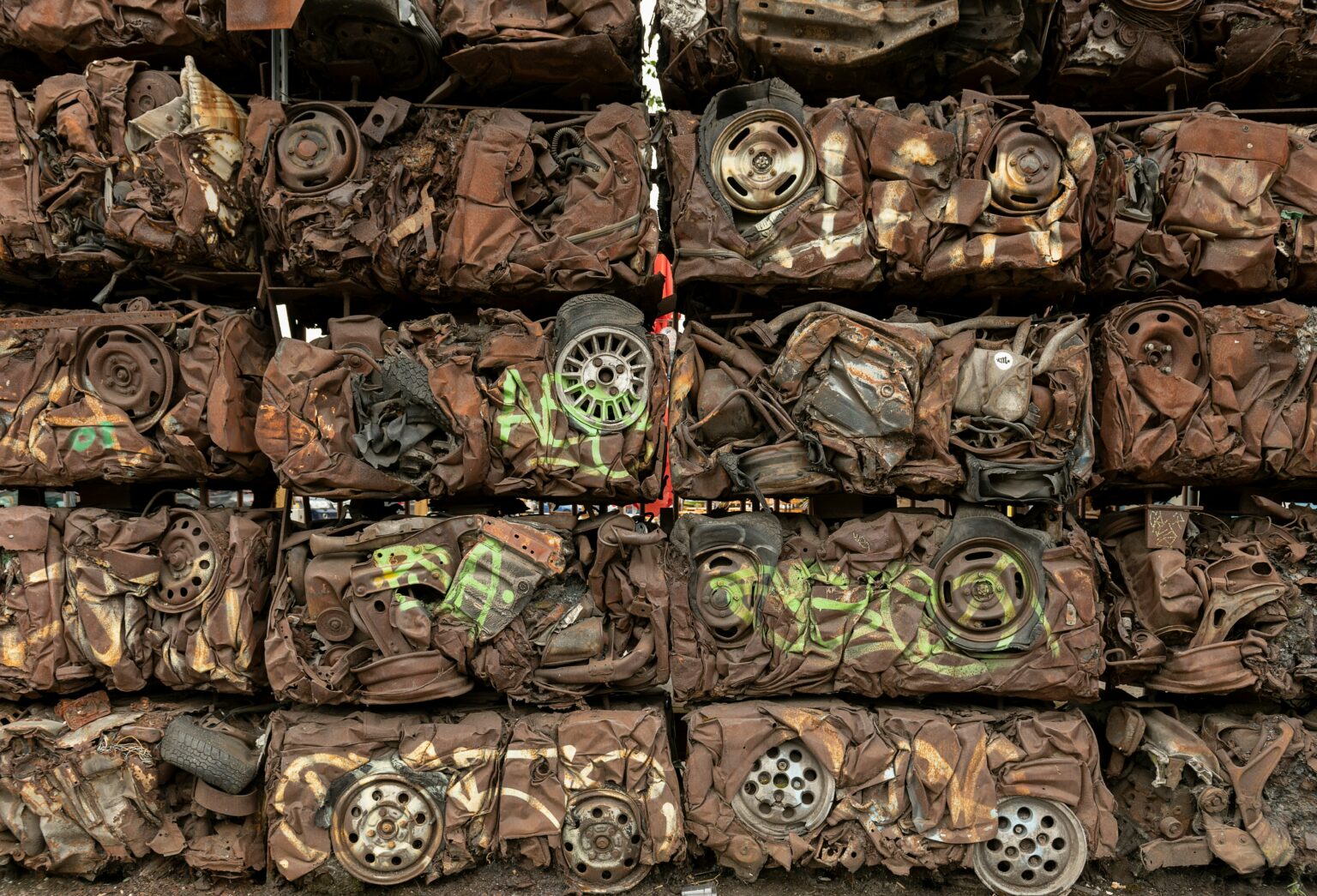 Véhicules compactés destinés au recyclage des métaux, illustrant la valorisation des matériaux et l'économie circulaire dans le secteur de la construction.