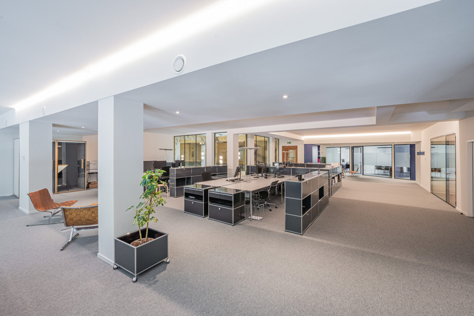 Vue panoramique sur un vaste espace de travail ouvert aménagé avec des îlots de bureaux gris, des meubles de rangement USM bas et une plante en pot.