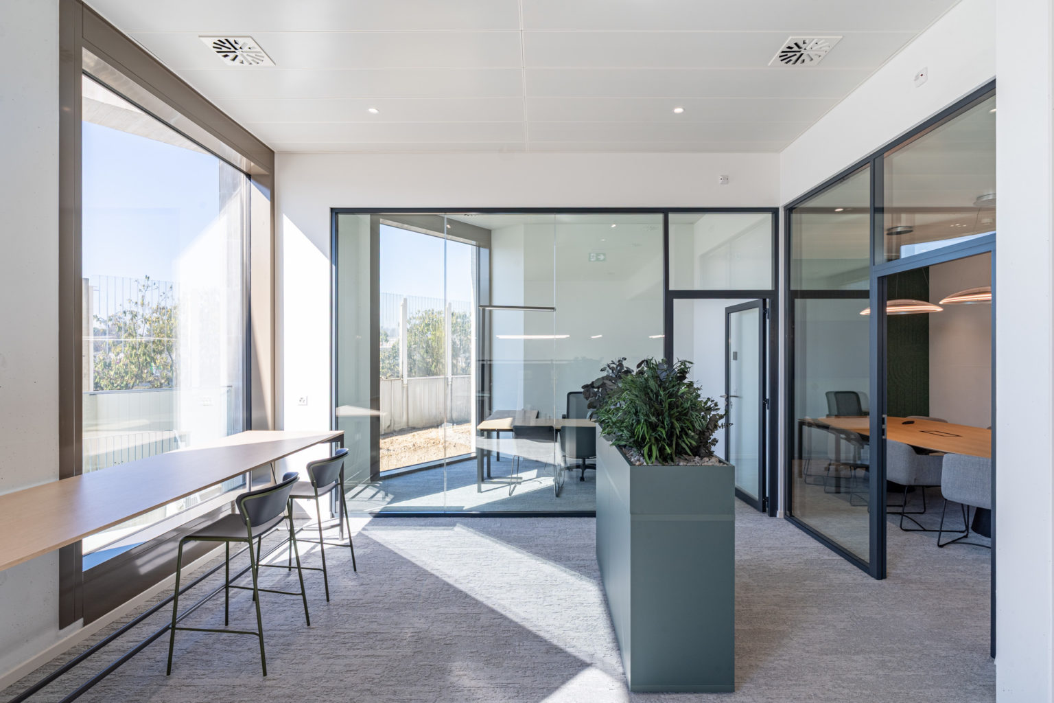 Cloisons vitrées et espaces collaboratifs réalisés pour les bureaux Tech Building à Lausanne.