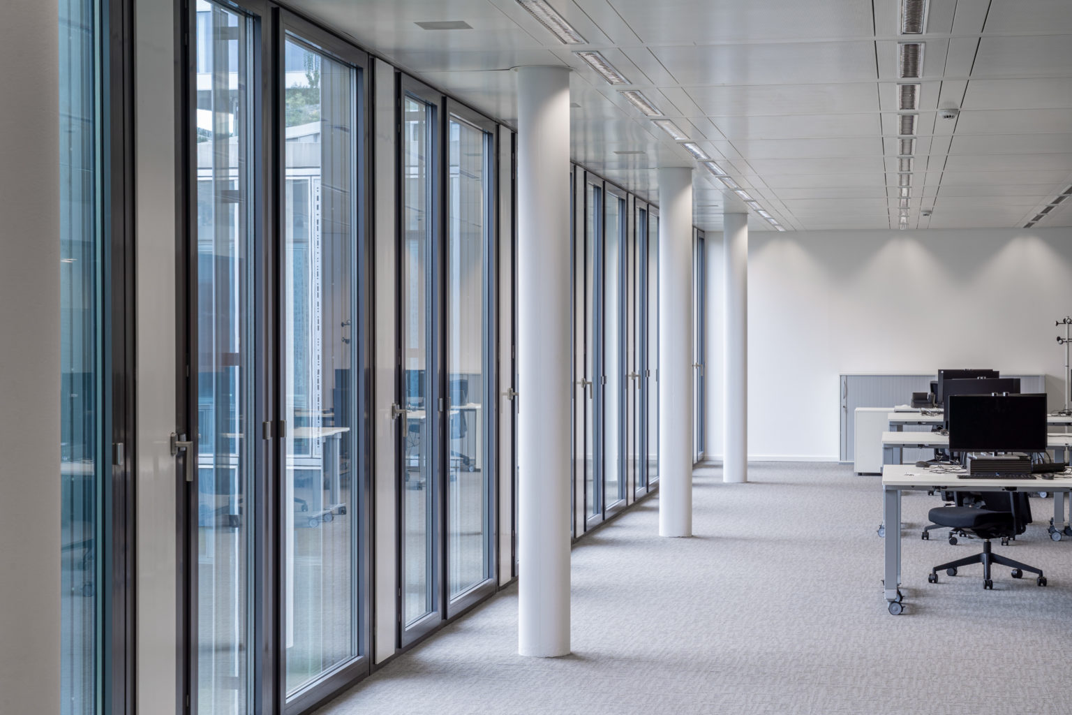 Alignement de fenêtres toute hauteur apportant un éclairage naturel aux postes de travail.