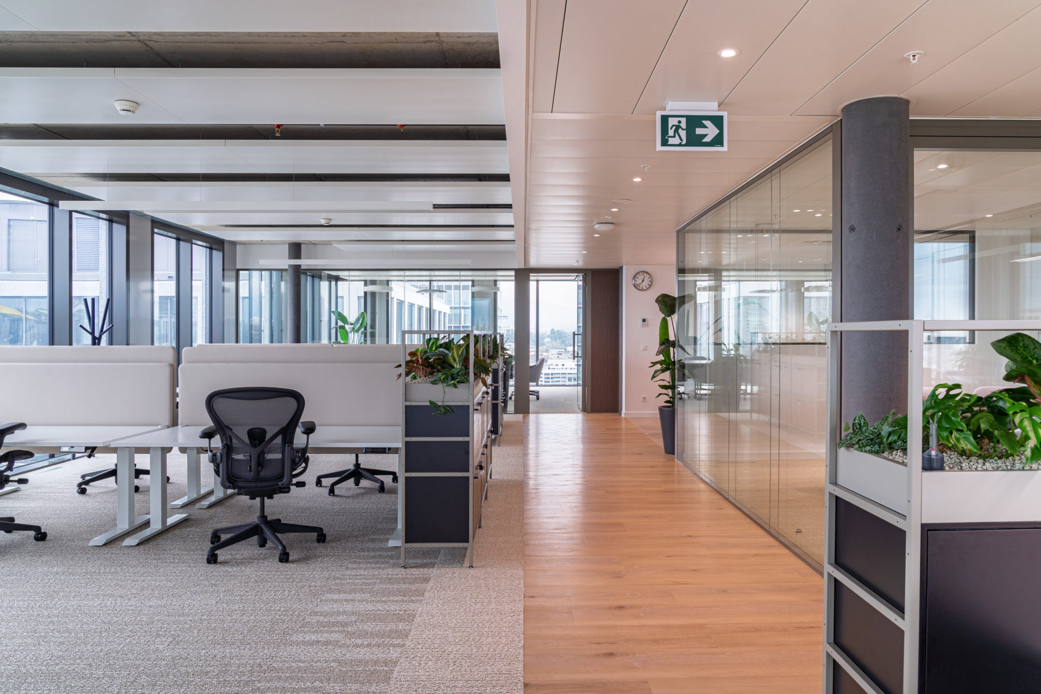 Open space moderne avec postes de travail, cloisons acoustiques et circulation centrale.