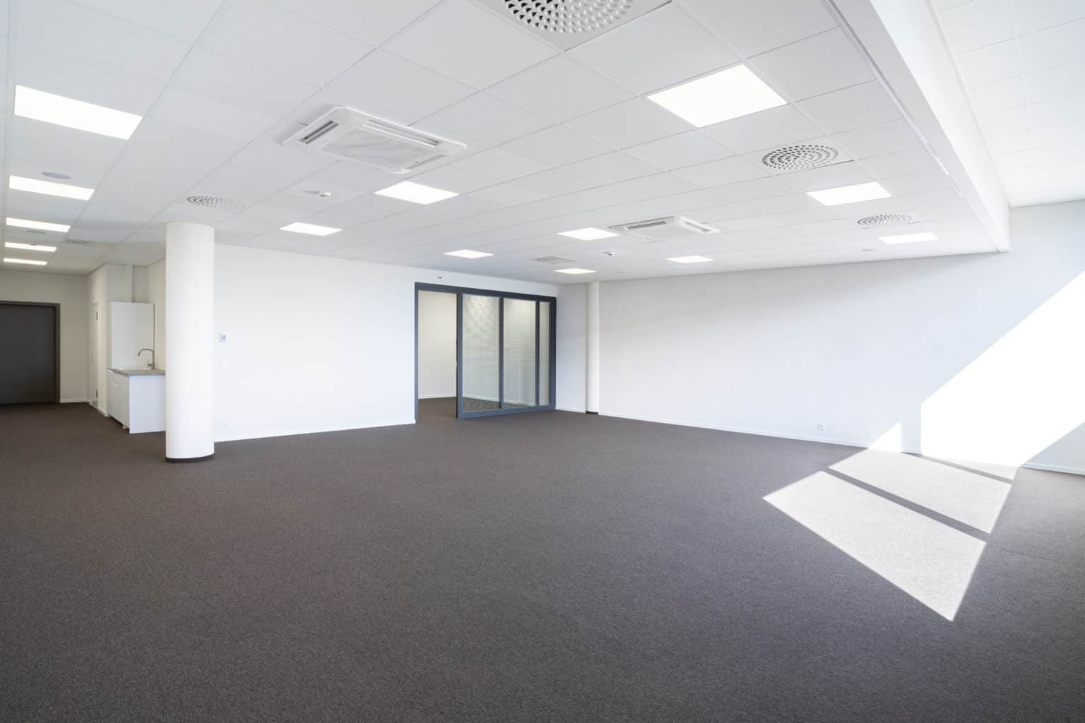 Grand open space avec moquette grise et éclairage LED.