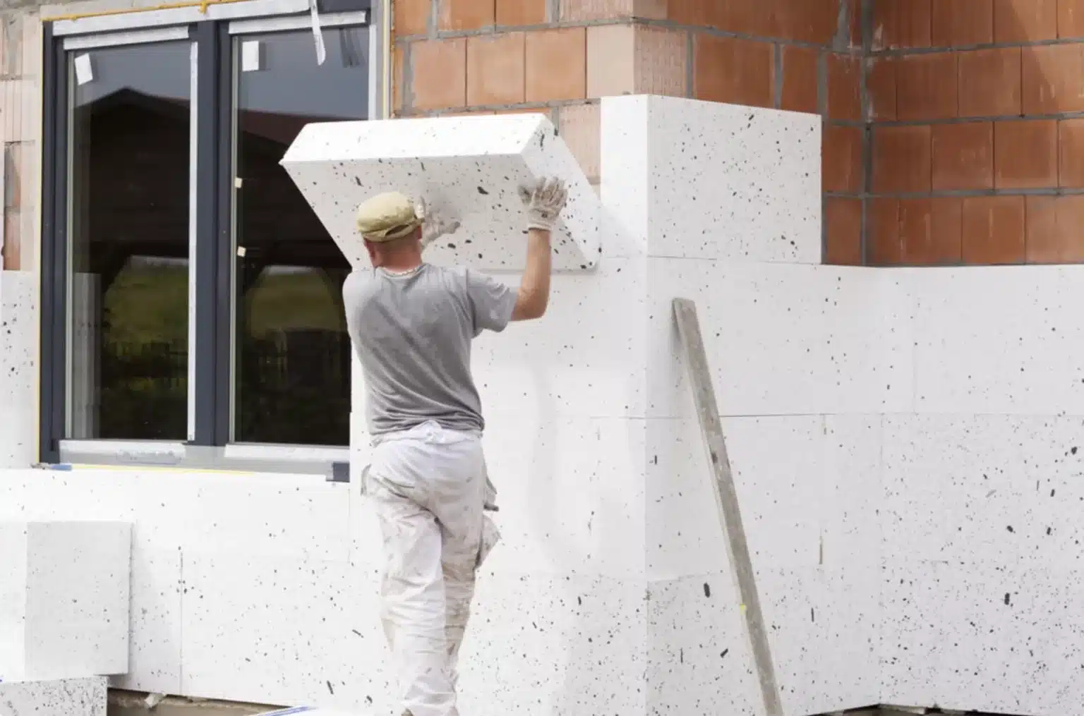 Pose de panneaux isolants en façade dans le cadre de travaux d'une rénovation énergetique résidentiel.