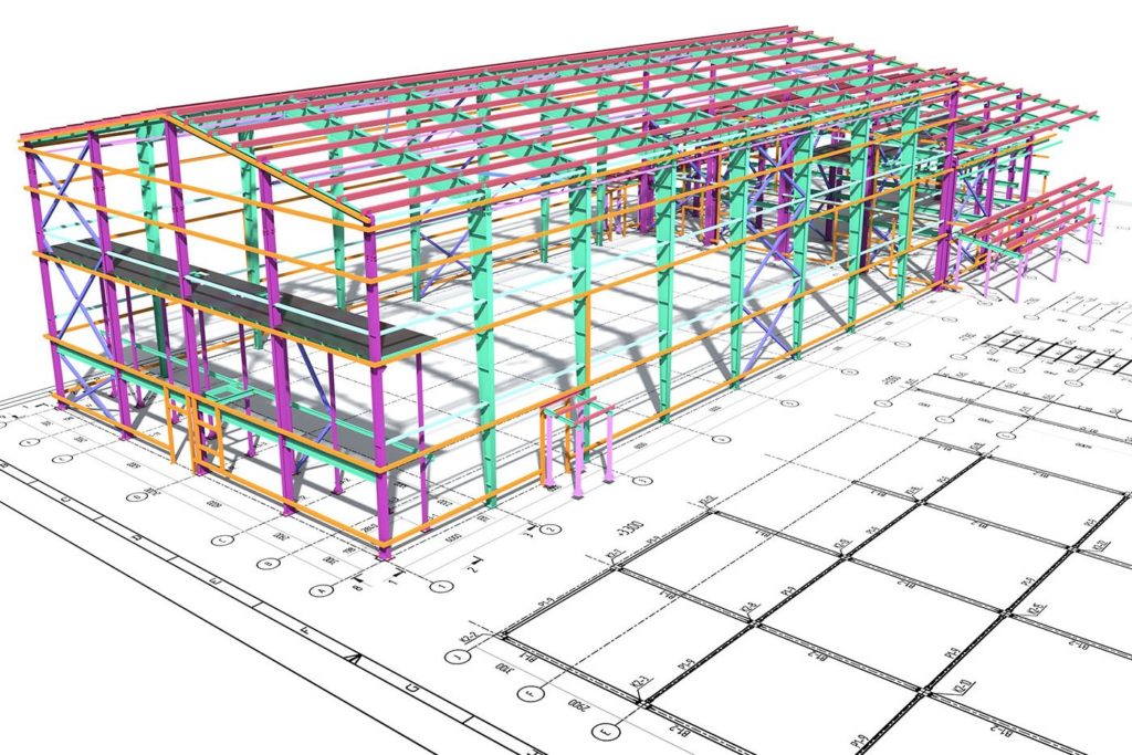 Modèle BIM tridimensionnel représentant la structure d’un bâtiment avec les poutres, poteaux, planchers et